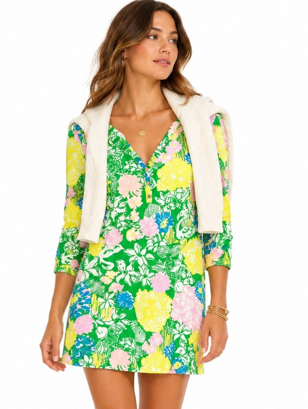 Lilly Pulitzer Hibiscus Stroll Pima Cotton Dress Tropical Long Sleeve